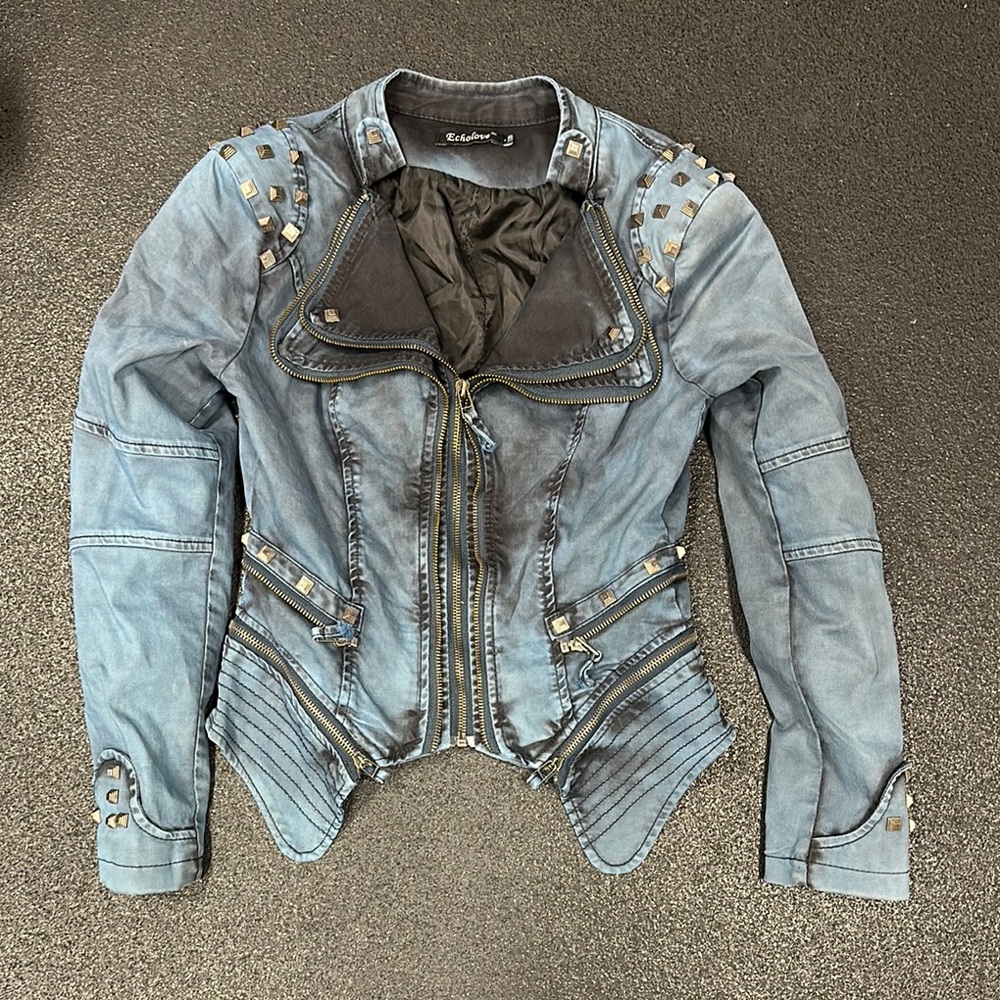 Eholove Blue Black Cropped Jacket with Studded Design size S